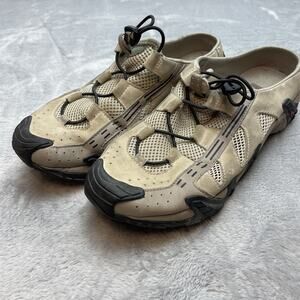 Ecco Backless Sneakers Mules Womens 9-9.5 Beige Suede Bungee Mesh Comfort Active